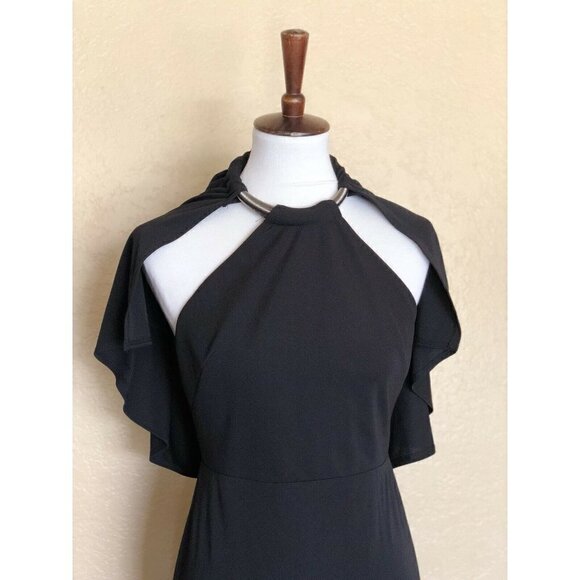 A.B.S. By Allen Schwartz Black Jersey Halter cape Sleeve Maxi Dress size M - Picture 5 of 12